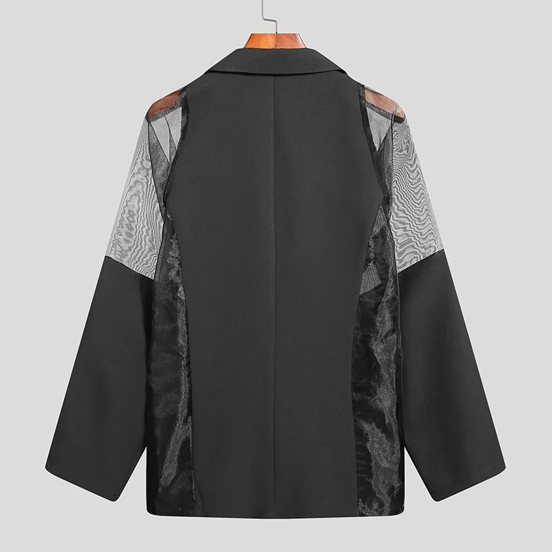 in black anzuge Mesh Patchwork See Through Streetwear Double Breasted Lapel Long Sleeve Outerwear