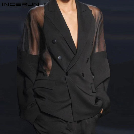 in black anzuge Mesh Patchwork See Through Streetwear Double Breasted Lapel Long Sleeve Outerwear