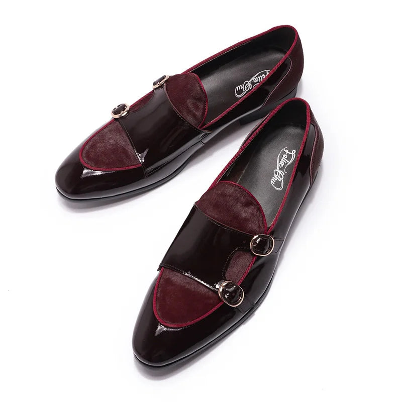 FELIX CHU Mens Wedding Loafers Gentlemen Party Dress Shoes Patent Leather with Horse Hair Casual Monk Strap Formal Shoes for Men