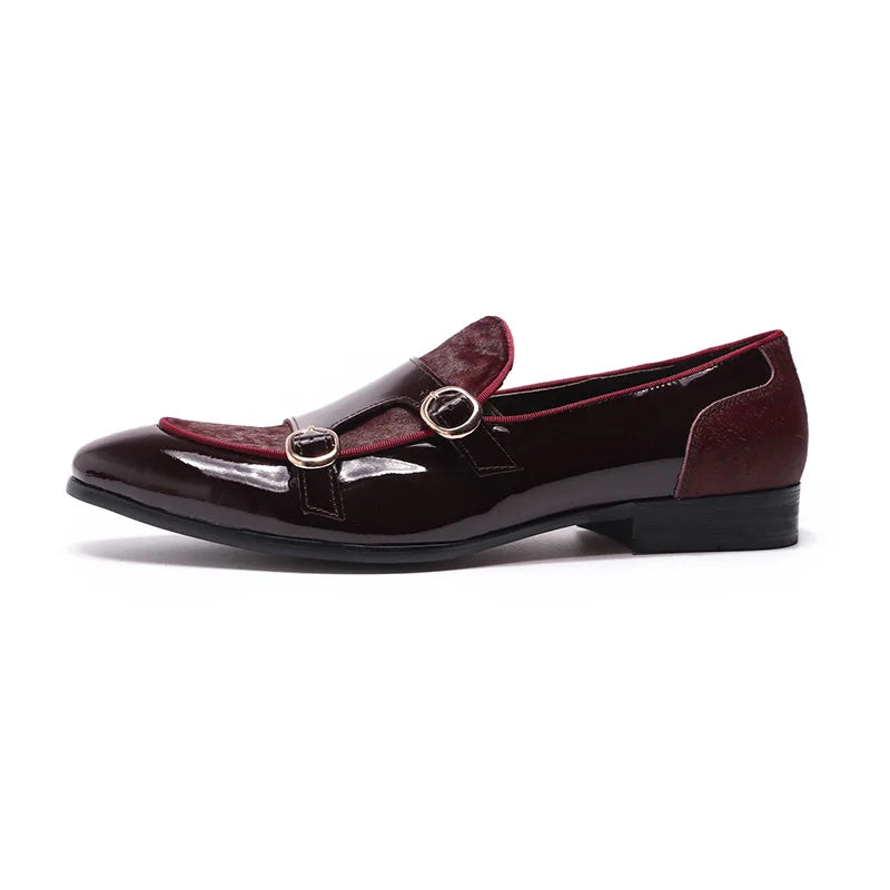 FELIX CHU Mens Wedding Loafers Gentlemen Party Dress Shoes Patent Leather with Horse Hair Casual Monk Strap Formal Shoes for Men