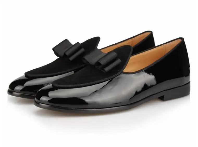 Hot Sale Black Suede Loafers Fashion Patent leather Men Bow Tie Moccasins Man Flats Wedding Men's Dress Shoes Casual Shoes