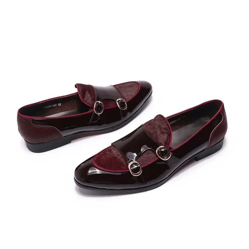 FELIX CHU Mens Wedding Loafers Gentlemen Party Dress Shoes Patent Leather with Horse Hair Casual Monk Strap Formal Shoes for Men