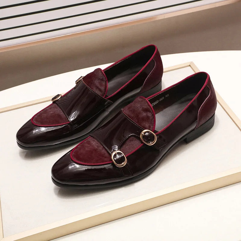 FELIX CHU Mens Wedding Loafers Gentlemen Party Dress Shoes Patent Leather with Horse Hair Casual Monk Strap Formal Shoes for Men