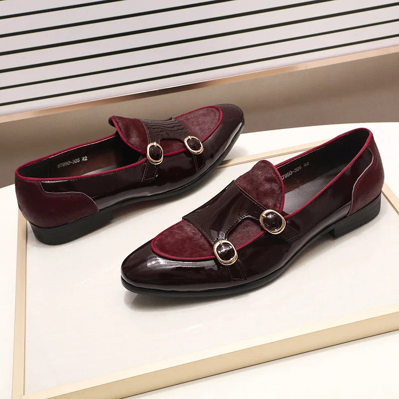 FELIX CHU Mens Wedding Loafers Gentlemen Party Dress Shoes Patent Leather with Horse Hair Casual Monk Strap Formal Shoes for Men