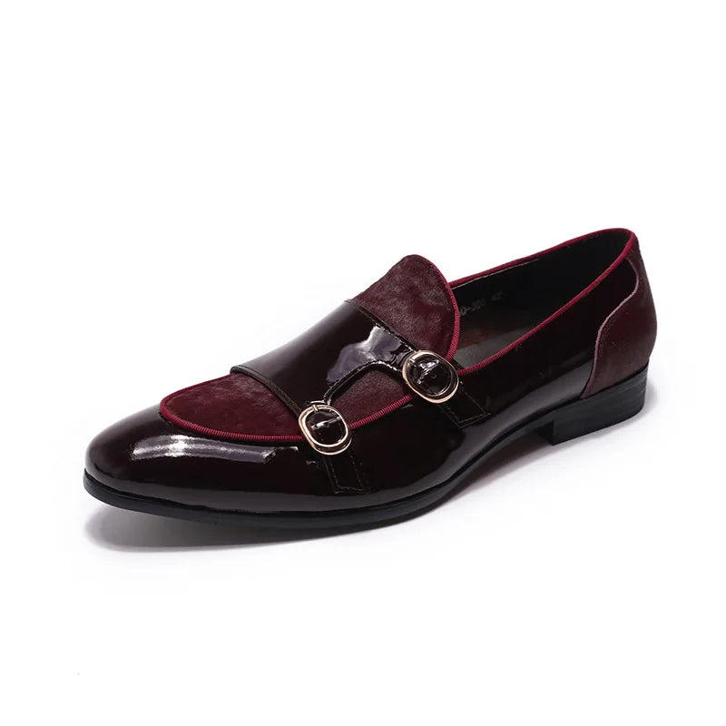 FELIX CHU Mens Wedding Loafers Gentlemen Party Dress Shoes Patent Leather with Horse Hair Casual Monk Strap Formal Shoes for Men