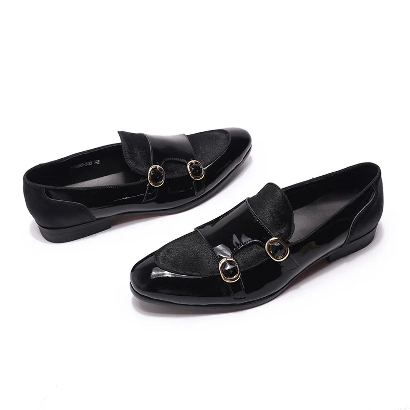 FELIX CHU Mens Wedding Loafers Gentlemen Party Dress Shoes Patent Leather with Horse Hair Casual Monk Strap Formal Shoes for Men