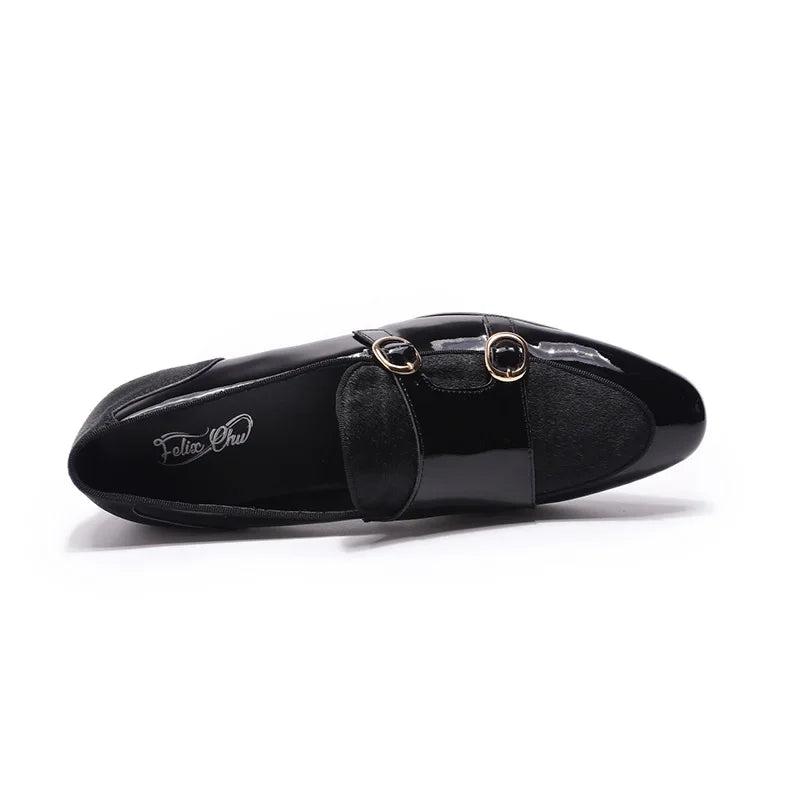 FELIX CHU Mens Wedding Loafers Gentlemen Party Dress Shoes Patent Leather with Horse Hair Casual Monk Strap Formal Shoes for Men