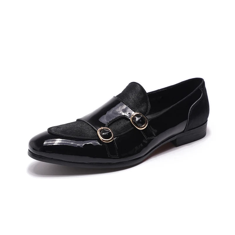 FELIX CHU Mens Wedding Loafers Gentlemen Party Dress Shoes Patent Leather with Horse Hair Casual Monk Strap Formal Shoes for Men