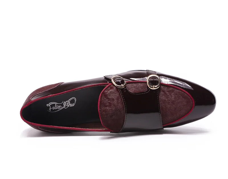 FELIX CHU Mens Wedding Loafers Gentlemen Party Dress Shoes Patent Leather with Horse Hair Casual Monk Strap Formal Shoes for Men