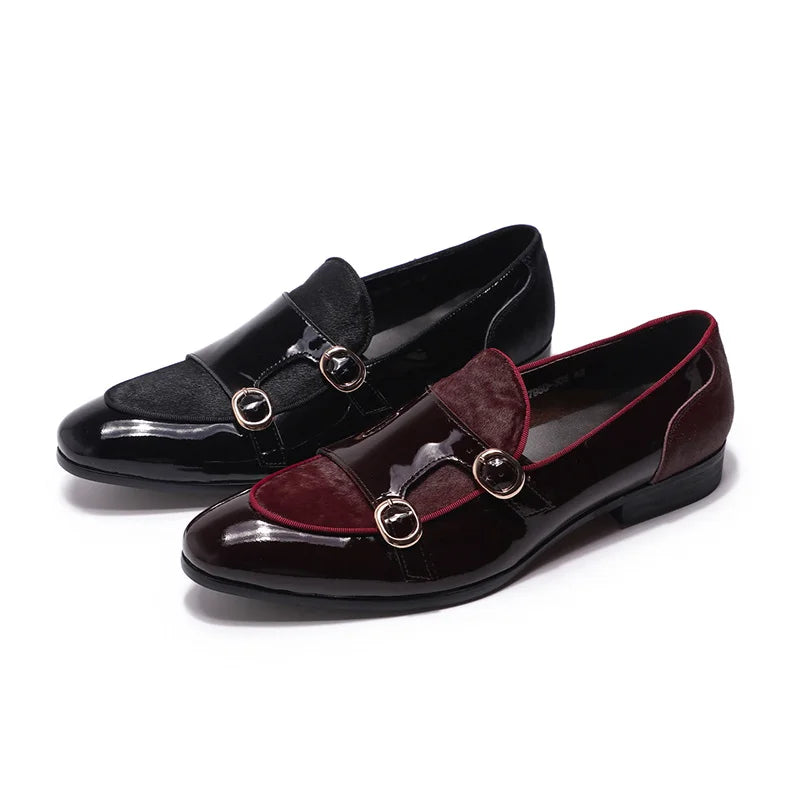 FELIX CHU Mens Wedding Loafers Gentlemen Party Dress Shoes Patent Leather with Horse Hair Casual Monk Strap Formal Shoes for Men