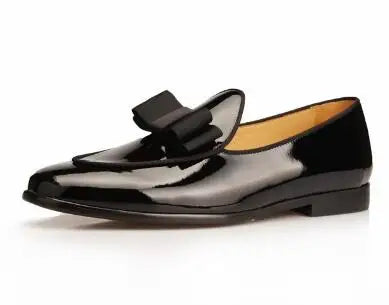 Hot Sale Black Suede Loafers Fashion Patent leather Men Bow Tie Moccasins Man Flats Wedding Men's Dress Shoes Casual Shoes