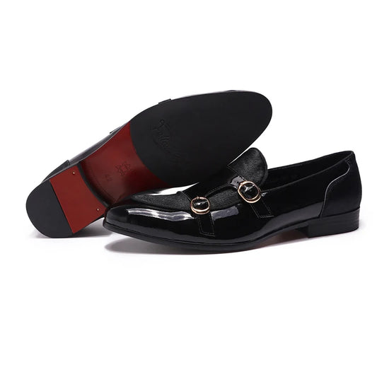 FELIX CHU Mens Wedding Loafers Gentlemen Party Dress Shoes Patent Leather with Horse Hair Casual Monk Strap Formal Shoes for Men