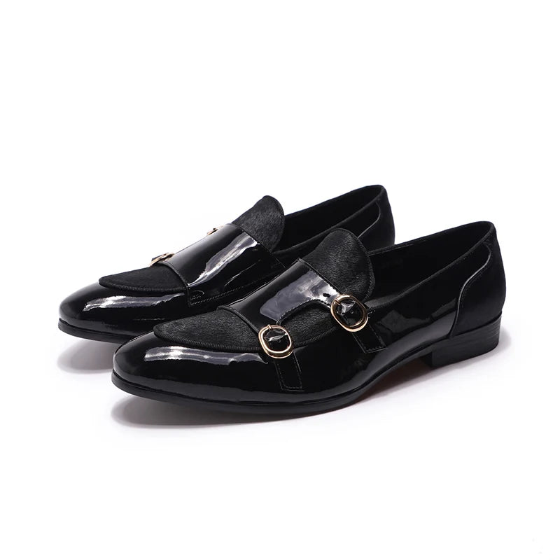 FELIX CHU Mens Wedding Loafers Gentlemen Party Dress Shoes Patent Leather with Horse Hair Casual Monk Strap Formal Shoes for Men