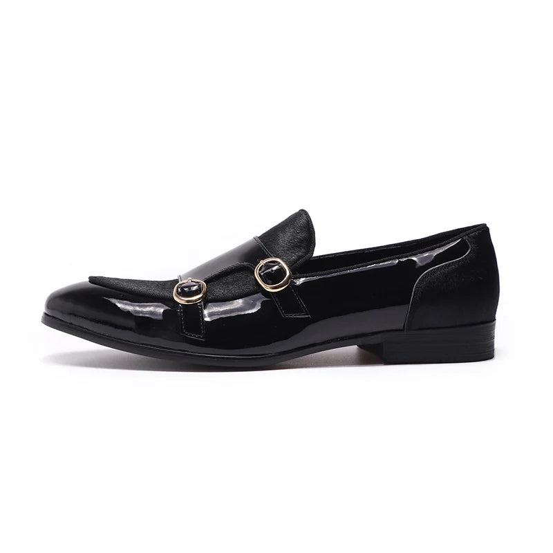 FELIX CHU Mens Wedding Loafers Gentlemen Party Dress Shoes Patent Leather with Horse Hair Casual Monk Strap Formal Shoes for Men