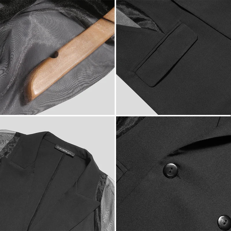 in black anzuge Mesh Patchwork See Through Streetwear Double Breasted Lapel Long Sleeve Outerwear