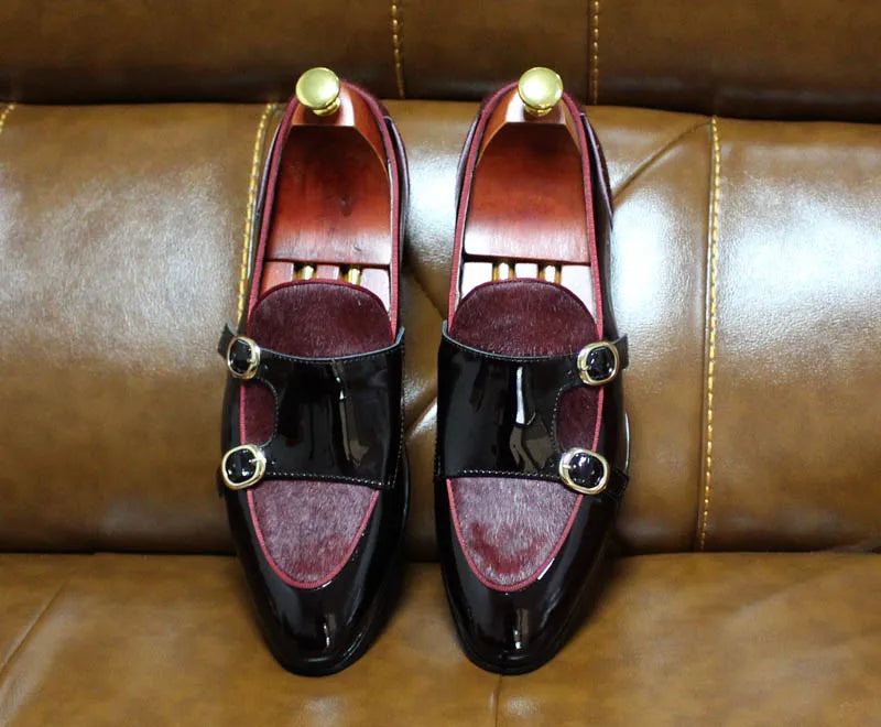 FELIX CHU Mens Wedding Loafers Gentlemen Party Dress Shoes Patent Leather with Horse Hair Casual Monk Strap Formal Shoes for Men