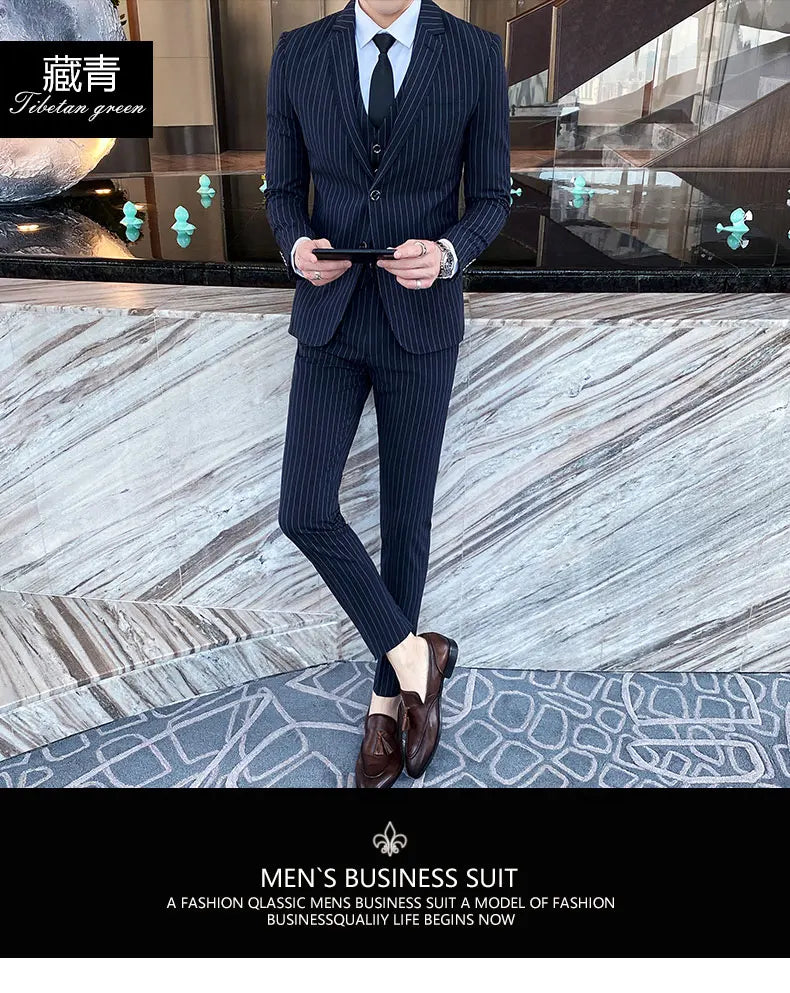 ( Jacket + Vest + Pants ) Prom Groom Tuxedos Latest Designs Male Wedding Suits 3Pcs Set Men's striped casual business suit