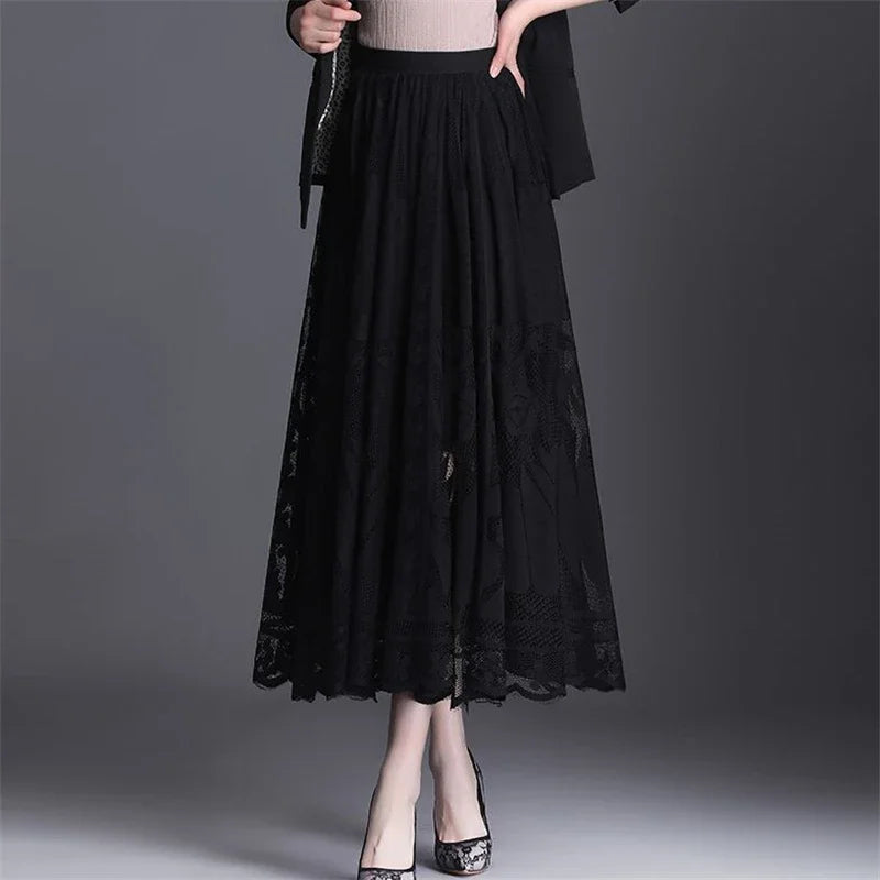 Elegant Vintage Black Lace High Waist Maxi Skirt for Women Sexy Hollow Out Party Dress with Pleated Fairy A-Line Silhouette Summer Fashion