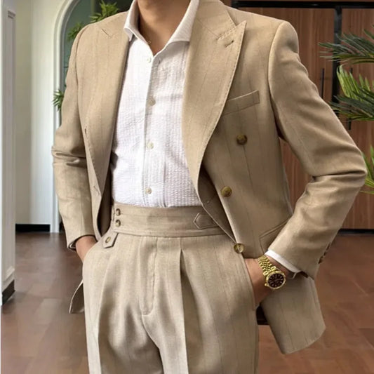 Men Suit Designers Slim Fit Business Casual Striped Double Breasted Suit Set Trend Traje Novio 2025 Men Tuxedo Suit Grooms Suit