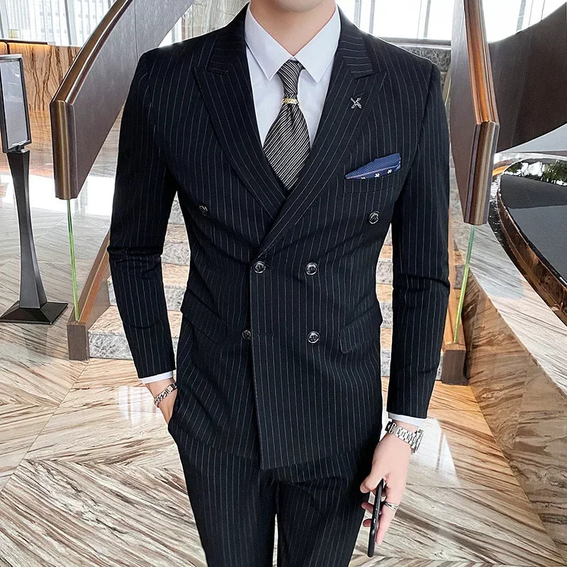 Formal Stripe Men Suits Double Breasted Wedding Groom Stage Tuxedo Man Business Slim Social Formal Suit Dress  2 Pcs / 3pcs