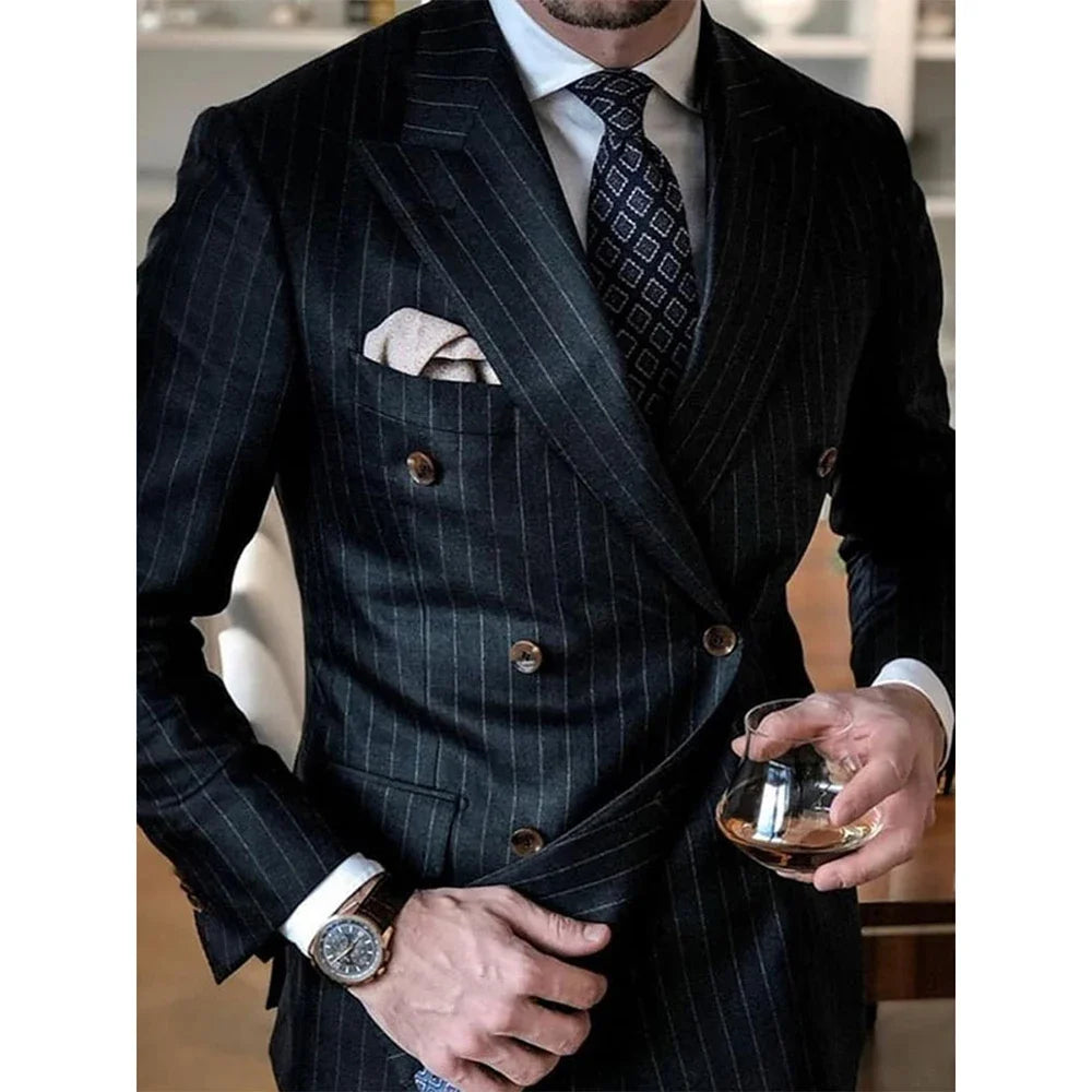 Gentleman Black Striped Men Suits Fashion Peak Lapel Double Breasted Male Blazer with Pants Formal Casual Wedding 2 Piece Set