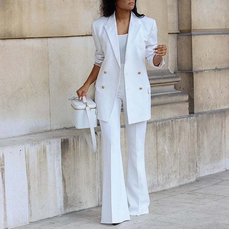 BAMBOOBOY Elegant Women Double Breasted Long Sleeve Blazers with Pocket and Flare Pants Suit Matching Two 2 Piece Set Outfits