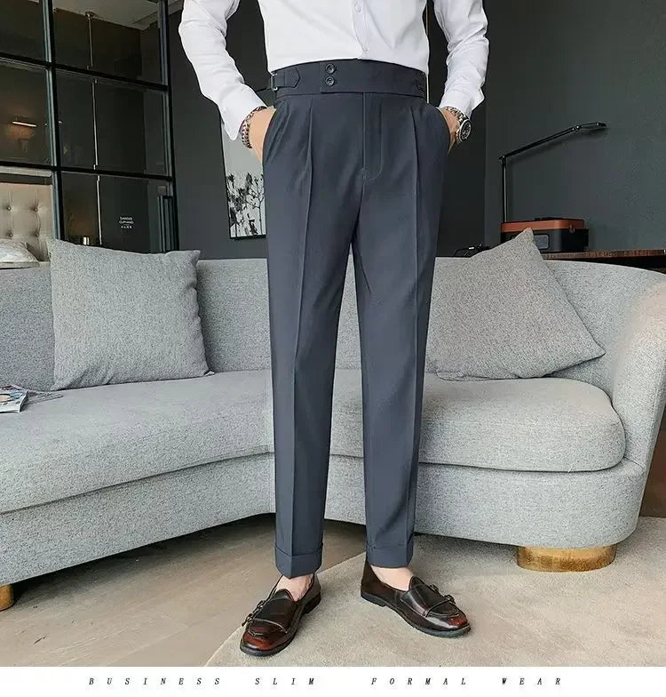 Neapolitan Men's Slim Fit Straight Leg Business Casual Trousers High Waist Pure Color Autumn Spring Long Pants