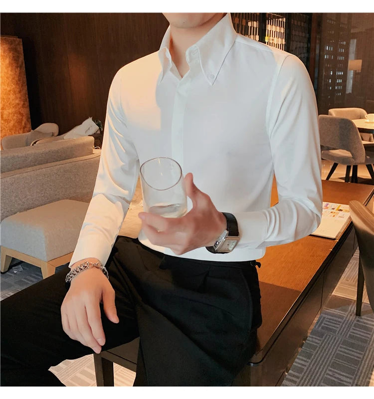 Autumn Solid Concealed Placket Shirts Men Long Sleeve Slim Fit Social Shirt Male High Quality Business Casual Prom Tuxedo