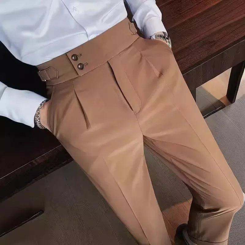 Neapolitan Men's Slim Fit Straight Leg Business Casual Trousers High Waist Pure Color Autumn Spring Long Pants