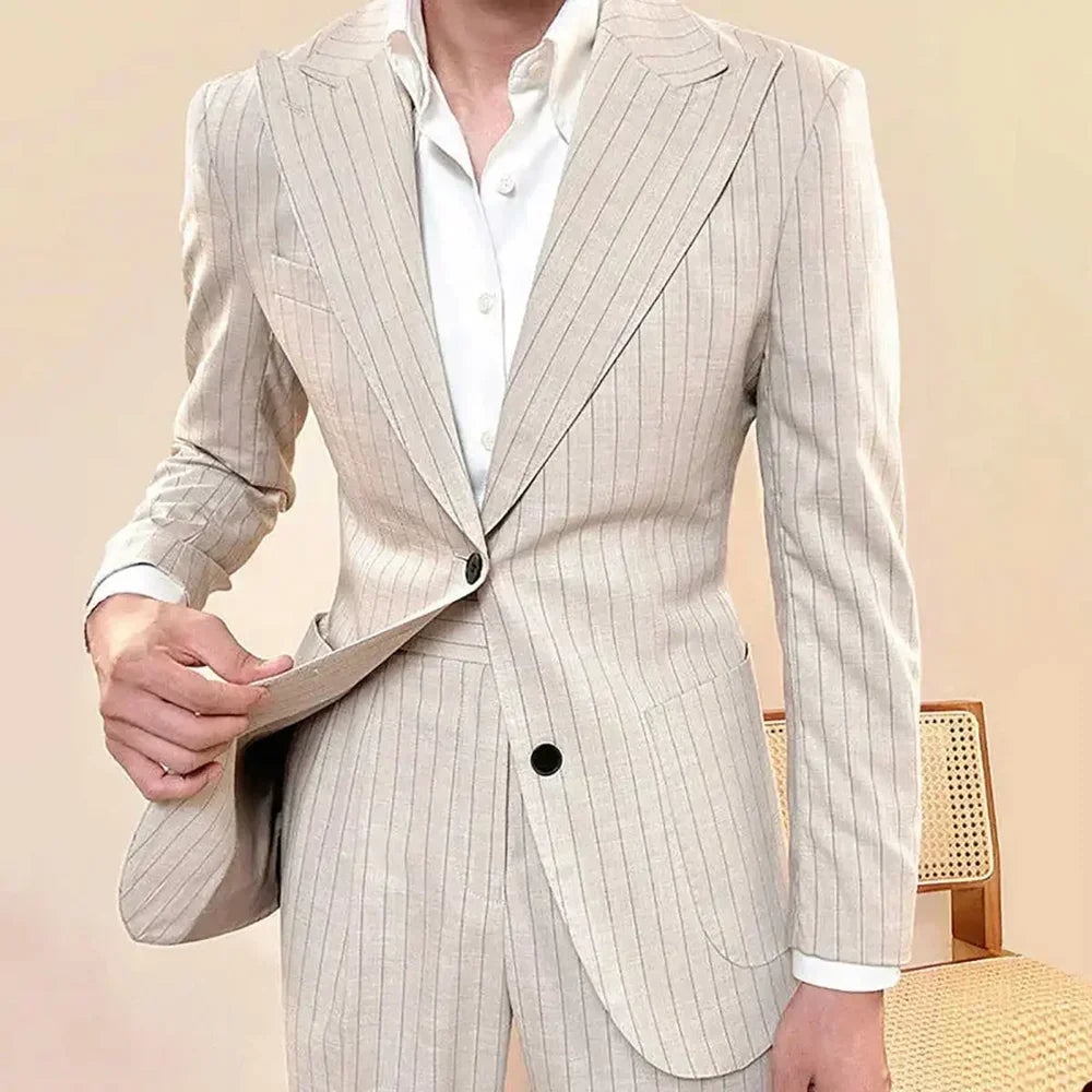 Chic Striped Suits for Men 2 Piece Business Casual Formal Clothing Slim Single Breasted Peak Lapel Male Suit (Jacket+Pants)