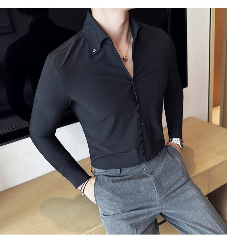 Men Dress Shirt 2024 Autumn British Style Solid Casual Slim Fit Formal Camisas V-neck Long Sleeves Shirt Streetwear Men Clothing