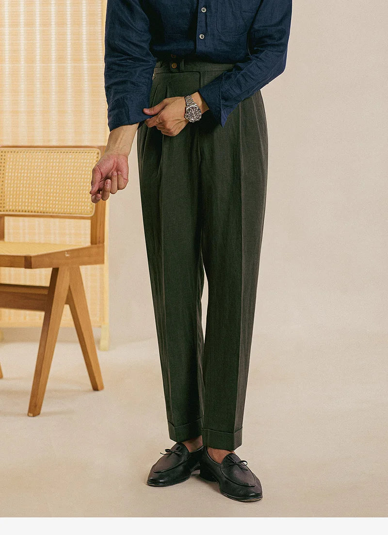 Naples High Waist Suits Retro Casual Pant Office-trouser Men Dress Pant Trouser British High Waist Pants Linen Straight Leg Pant