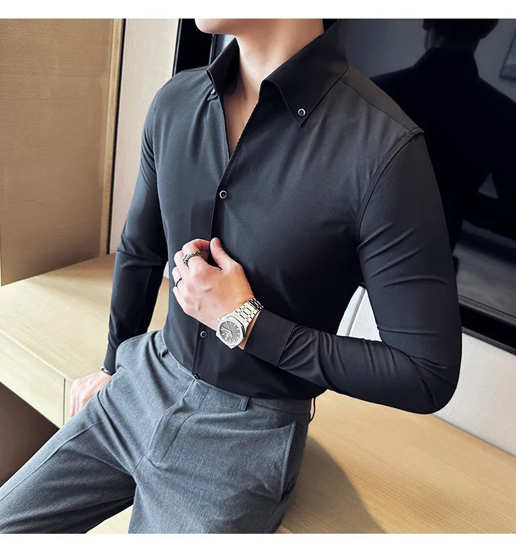 Men Dress Shirt  Autumn Long Sleeve Camisas Business Fashion Shirt Male Solid British Style White Black Shirt Men Clothing