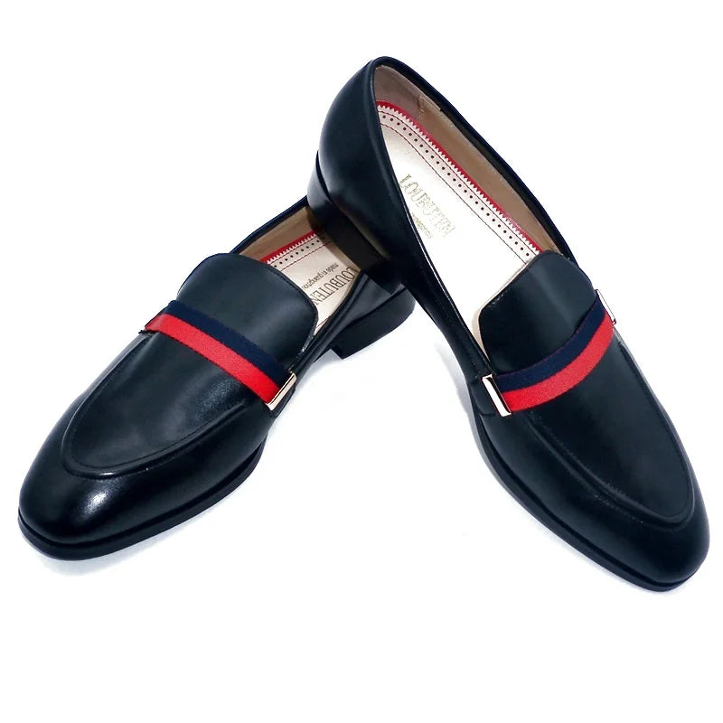 LOUBUTEN Italian Black Genuine Leather Men's Loafers Slip-On Handmade Dress Shoes for Party Wedding Breathable Comfortable Fit