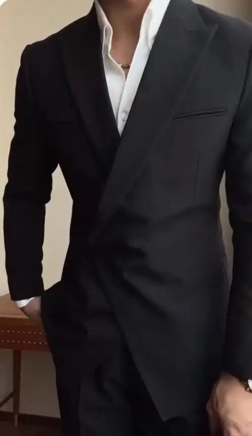 Black Brown One Button Design Men Suits Peaked Lapel (Jacket+Pants) Slim Fit Handsome Formal Business Party Suits Costume Homme