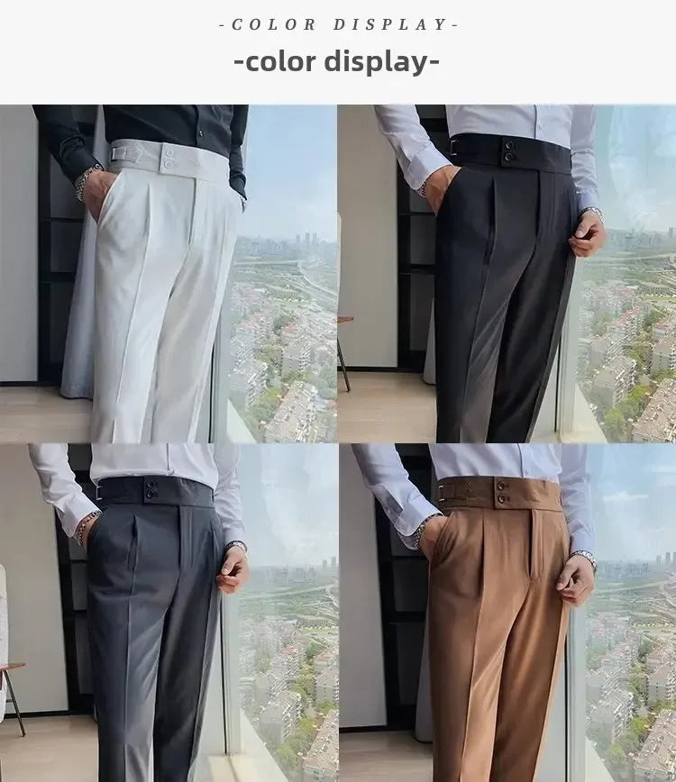 Neapolitan Men's Slim Fit Straight Leg Business Casual Trousers High Waist Pure Color Autumn Spring Long Pants