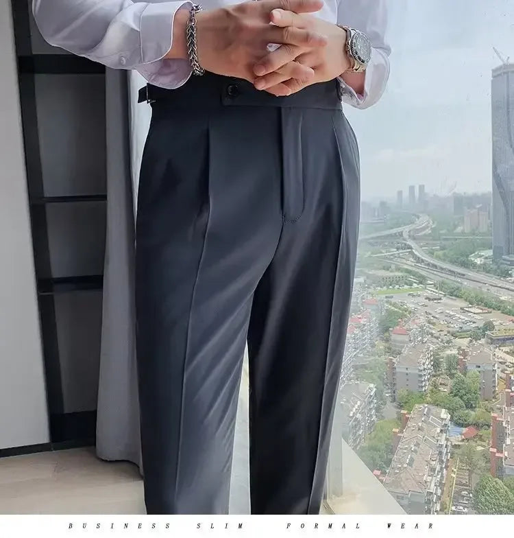 Neapolitan Men's Slim Fit Straight Leg Business Casual Trousers High Waist Pure Color Autumn Spring Long Pants