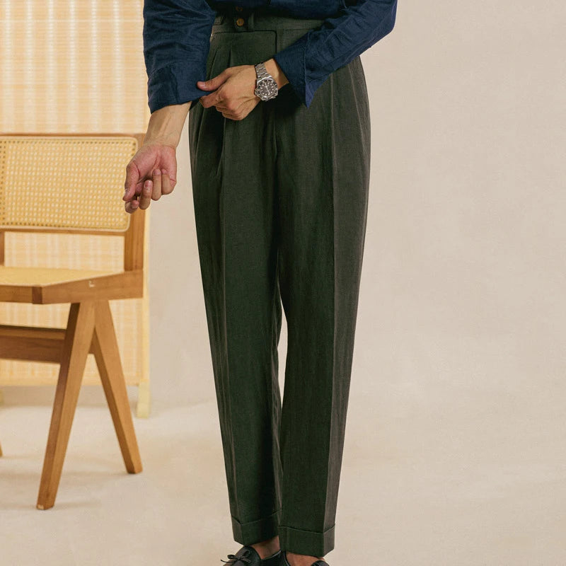 Naples High Waist Suits Retro Casual Pant Office-trouser Men Dress Pant Trouser British High Waist Pants Linen Straight Leg Pant