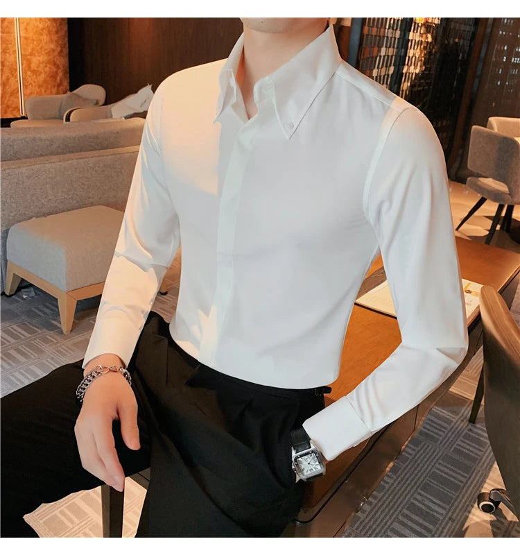 Autumn Solid Concealed Placket Shirts Men Long Sleeve Slim Fit Social Shirt Male High Quality Business Casual Prom Tuxedo