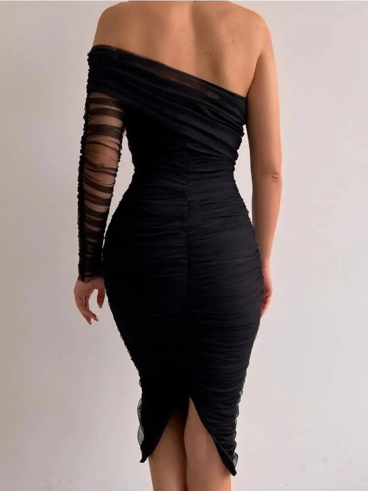 TARUXY See Through Mesh Midi Dresses For Women Fold Sexy Slim Cocktail Dress Woman Wedding Bodycon Off Shoulder Dress Women's