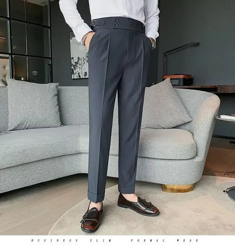 Neapolitan Men's Slim Fit Straight Leg Business Casual Trousers High Waist Pure Color Autumn Spring Long Pants