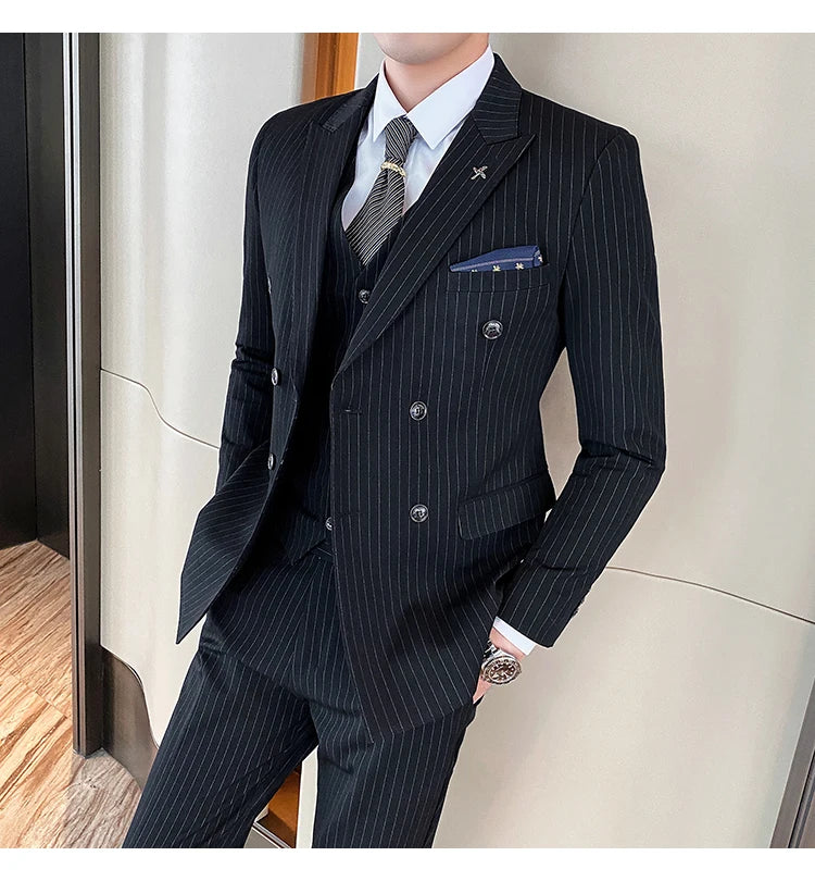 Formal Stripe Men Suits Double Breasted Wedding Groom Stage Tuxedo Man Business Slim Social Formal Suit Dress  2 Pcs / 3pcs