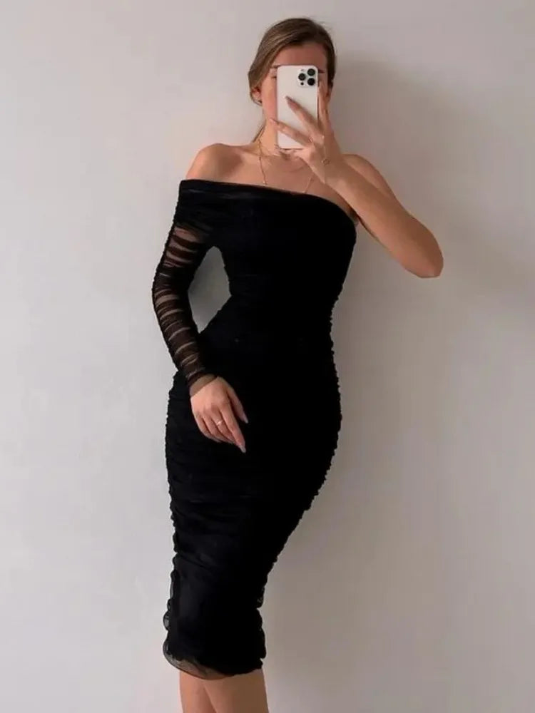 TARUXY See Through Mesh Midi Dresses For Women Fold Sexy Slim Cocktail Dress Woman Wedding Bodycon Off Shoulder Dress Women's