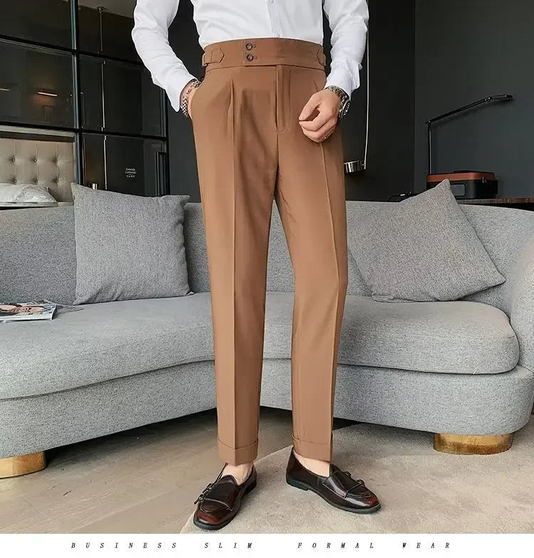 Neapolitan Men's Slim Fit Straight Leg Business Casual Trousers High Waist Pure Color Autumn Spring Long Pants