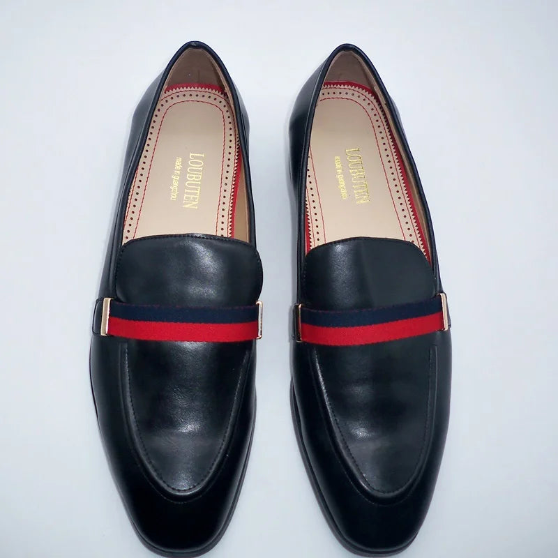 LOUBUTEN Italian Black Genuine Leather Men's Loafers Slip-On Handmade Dress Shoes for Party Wedding Breathable Comfortable Fit