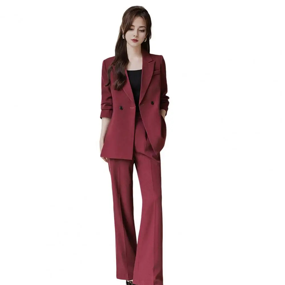 Lady Commuter Suit Elegant Women's Formal Suit Set with Turn-down Collar Jacket Pure Color Trousers Stylish for Commuting