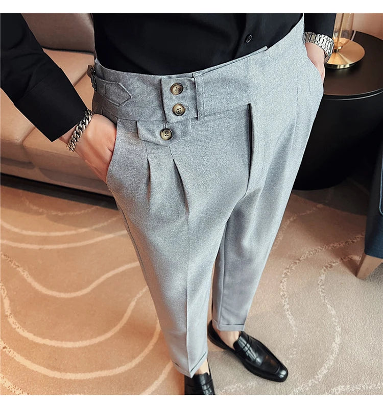 British Style Spring New Solid Business Casual Suit Pants High Waist Button Men Formal Pants High Quality Slim Office Trousers