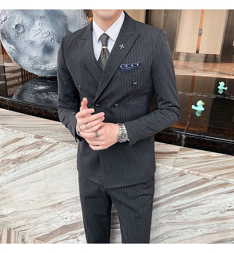 Formal Stripe Men Suits Double Breasted Wedding Groom Stage Tuxedo Man Business Slim Social Formal Suit Dress  2 Pcs / 3pcs