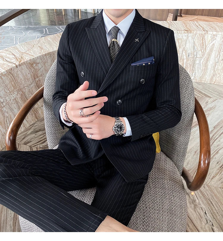 Formal Stripe Men Suits Double Breasted Wedding Groom Stage Tuxedo Man Business Slim Social Formal Suit Dress  2 Pcs / 3pcs