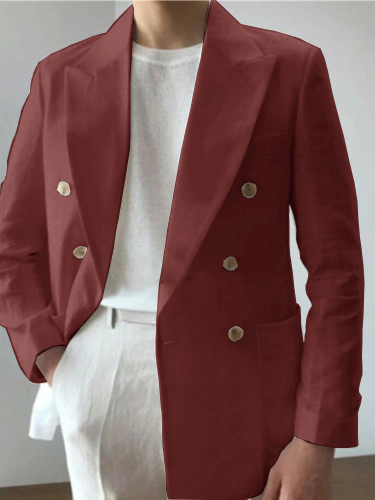 Men Double Breasted Lapel Linen Fabric Casual Suit Fashion Trendy Best Men Wedding Blazer 남성자켓 봄